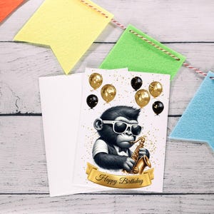 Saxofoon Jazz Monkey Chimp, digitaal ontwerp Afdrukbare download PNG-sublimatiedruk Notebookkaart, met/zonder tekst