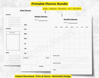 Zestaw planerów do druku | Dzienny, tygodniowy i miesięczny organizer PDF A4 + A5 | Minimalistyczny, natychmiastowy do pobrania