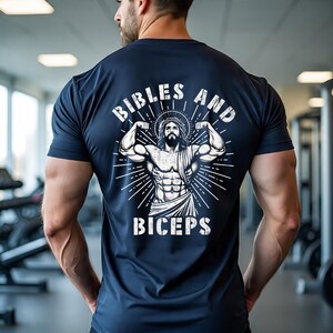 Bibles and Biceps Casual T-Shirt | Christian Fitness Tee | Faith Gym T-Shirt | Workout Jesus T-Shirt | Funny Religious Gym Motivation Gift