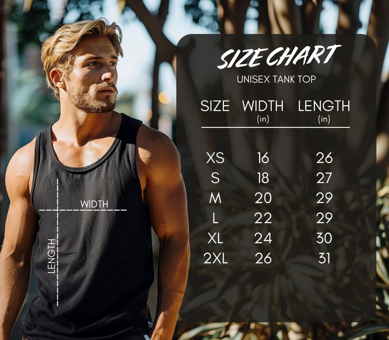 K&ouml;nnte beinhalten: Ein schwarzes Unisex-Tanktop mit Gr&ouml;&szlig;entabelle. Die Gr&ouml;&szlig;entabelle zeigt die Breite und L&auml;nge in Zoll f&uuml;r die Gr&ouml;&szlig;en XS bis 2XL. Das Model tr&auml;gt das Tanktop. Der Text auf der Tabelle lautet "SIZE CHART UNISEX TANK TOP".