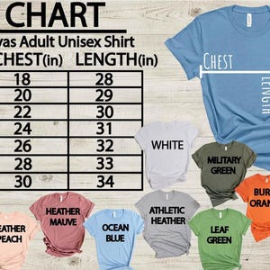 May include: Size chart for Bella Canvas adult unisex shirts, with chest and length measurements in inches. Includes shirt color options: white, military green, burnt orange, and others. Sizes range from S to 4XL.