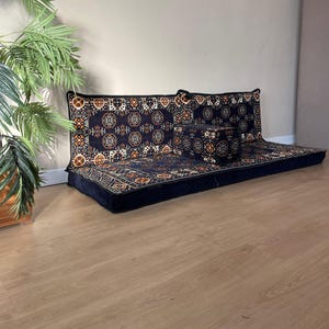 Traditional Arabic  Navy Blue Floor Seating Set, Custom Size Turkish Ottoman Sofa, Kilim Cushions & Pillows, Majlis Decor