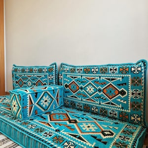 Traditional Arabic Blue Patterned Floor Seating Set, Custom Size Turkish Ottoman Sofa, Kilim Cushions & Pillows, Majlis Decor