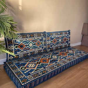 Traditional Arabic Bule Patterned Floor Seating Set, Custom Size Turkish Ottoman Sofa, Kilim Cushions & Pillows, Sofa Set, Majlis Decor