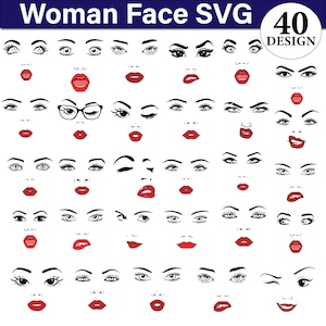 Woman Face SVG Bundle: 40 Elegant Designs - Makeup, Lips, Eyes (Digital Download