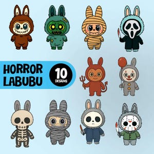 10+ Horror Labubu PNG Bundle, Cute Spooky Character Stickers, Halloween PNG SVG, Chibi Style, Kawaii Creepy Clipart