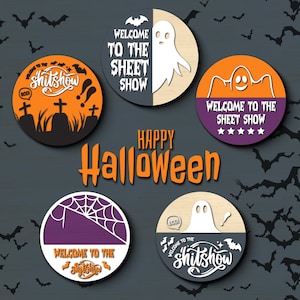 Halloween Ghost deurhanger SVG, spookachtig rond Halloween-bord, Halloween lasergesneden bestand, gelaagde Halloween-deurbord, Hallo-welkomstbord SVG