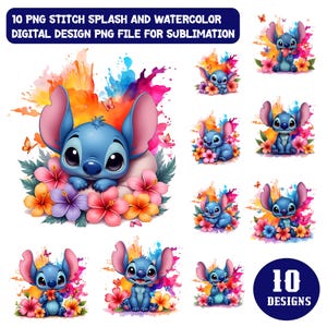 10 Stitch Splash and Watercolor Clipart, PNG Digital Design, High Resolution, Sublimation, Instant Download