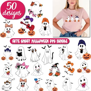 Cute Ghost Halloween svg Bundle, Retro Ghost png, Retro Floral Ghost png, Dog Ghost svg, Ghost Reading svg, Spooky Season, Halloween png