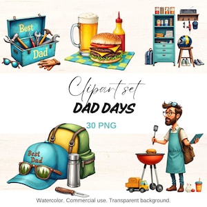 Fête des papas, clipart fête des pères, père et enfants, cadeau pour papa, barbecue et outils PNG, chapeau meilleur papa, sac à dos aventure, papa mignon avec grill