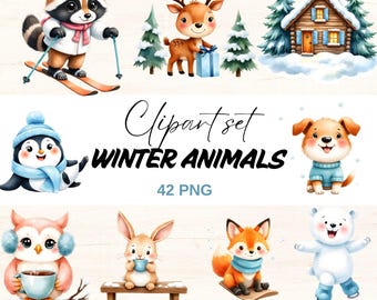 Aquarel winterdieren clipartset, 42 png (digitale download)