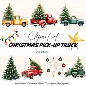 Könnte beinhalten: Aquarell-Cliparts mit gelben, roten und grünen Weihnachtstrucks, die jeweils einen geschmückten Weihnachtsbaum transportieren. Das Bild enthält Weihnachtsschmuck, einen Stern und den Text "CHRISTMAS PICK-UP TRUCK".
