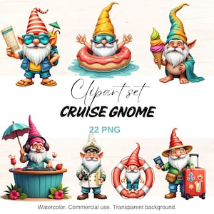 May include: A clipart set of cruise gnomes in holiday scenes. The gnomes wear hats, sunglasses, and carry items such as ice cream cones, life rings, and luggage. The text "Cruise Gnome" is displayed, with "22 PNG" below.