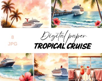 Carta digitale per crociera tropicale con acquerelli, sfondi al tramonto sull'oceano (download digitale)