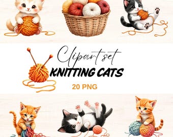 Watercolor Knitting Cats Clipart Set (PNG Files)