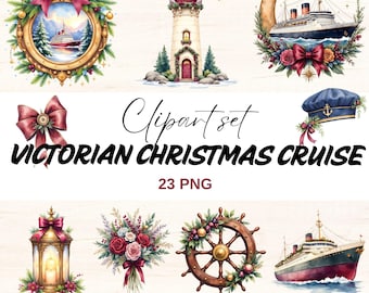 Victorian Christmas Cruise Clipart, Vintage Nautical Xmas, Elegant Holiday Cruise, Ship (Digital Download)