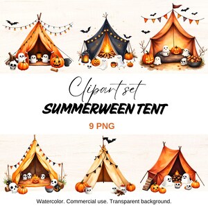 Peut inclure: Ensemble de cliparts à l'aquarelle représentant des tentes orange et noires décorées de citrouilles, de fantômes, de crânes et de chauves-souris. Le texte "Clipart set SUMMERWEEN TENT 9 PNG" est affiché. L'image a un fond transparent et est à usage commercial.