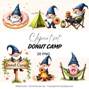 Imágenes prediseñadas de gnomos y donas, conjunto de imágenes prediseñadas de gnomos de campamento de donas, conjunto de día de donas, gnomo de campamento PNG, imágenes prediseñadas de donas de acuarela, gnomos lindos
