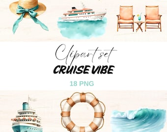 Watercolor Cruise Clipart Set, Nautical PNG, Tropical Vacation (Digital Product)
