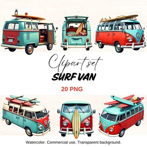 Ensemble de cliparts de van de surf, van vintage PNG, van de surf aquarelle, sublimation de vie de van, camping-car avec planche de surf, graphiques d'aventure de plage
