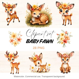 Baby Fawn Clipart Set, Cute Forest Deer with Flowers, Forest Nursery Clipart, Deer png, Cute Forest Animals, Cartoon Baby Deer, Nursery png