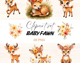 Set di clipart di cerbiatti, cervi floreali, arte per bambini (28 PNG)