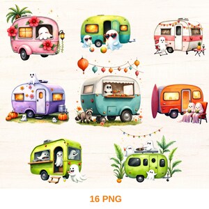 K&ouml;nnte beinhalten: Aquarellillustrationen von bunten Wohnwagen, jeweils mit einzigartigem Design und freundlichen Geisterfiguren. Die Wohnwagen sind mit Blumen, Lichtern und anderen skurrilen Elementen dekoriert, ideal f&uuml;r Halloween oder die gruselige Jahreszeit.
