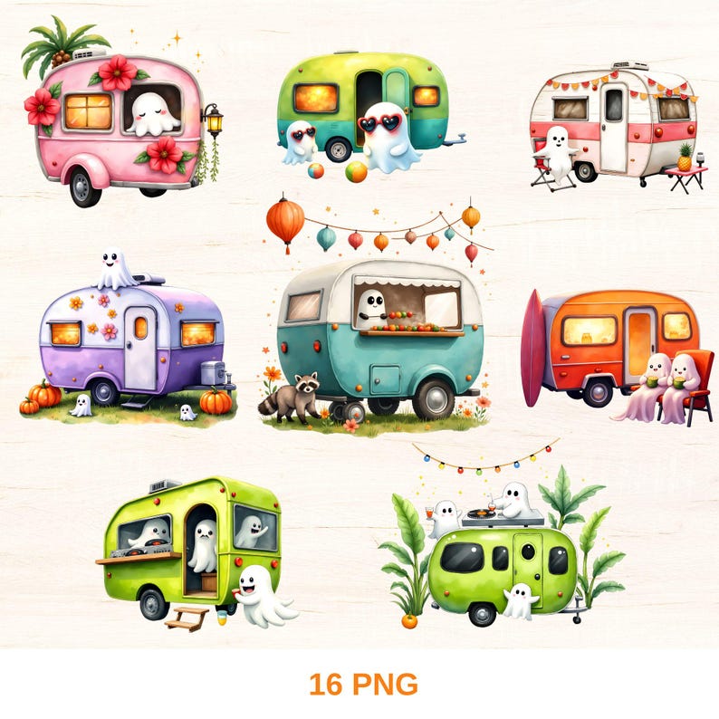 K&ouml;nnte beinhalten: Aquarellillustrationen von bunten Wohnwagen, jeweils mit einzigartigem Design und freundlichen Geisterfiguren. Die Wohnwagen sind mit Blumen, Lichtern und anderen skurrilen Elementen dekoriert, ideal f&uuml;r Halloween oder die gruselige Jahreszeit.