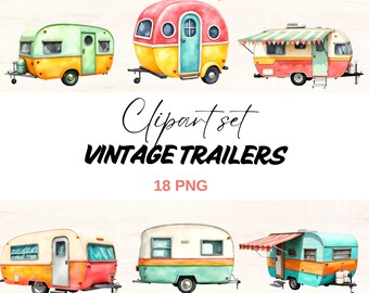 May include: Watercolor clipart set featuring six vintage trailers in various colors, including green, red, yellow, and turquoise. The image includes the text "Clipart set VINTAGE TRAILERS 18 PNG". The trailers have a retro design with awnings and rounded shapes.