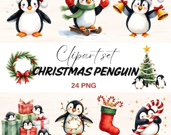 Christmas Penguin Clipart Set, Cute Watercolor Holiday Penguins PNG,Winter Animal Clipart, Christmas Clipart  (Digital Download)