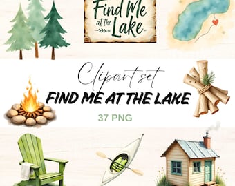 Watercolor Lake Clipart Set: Rustic Cabin, Kayak, Campfire (Digital Download PNGs)
