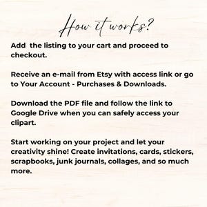 K&ouml;nnte beinhalten: Cremefarbene Grafik mit dem Text &bdquo;How it works?&ldquo; und Anweisungen zum Kauf digitaler Cliparts. Die Schritte umfassen das Hinzuf&uuml;gen des Eintrags zum Warenkorb, den Erhalt einer E-Mail, das Herunterladen einer PDF-Datei und den Zugriff auf die Cliparts.