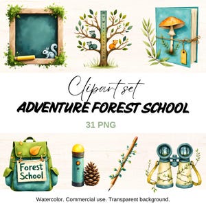 Set di clipart della scuola nel bosco: decorazioni per l&#39;aula nella natura, PNG del bosco (download digitale)
