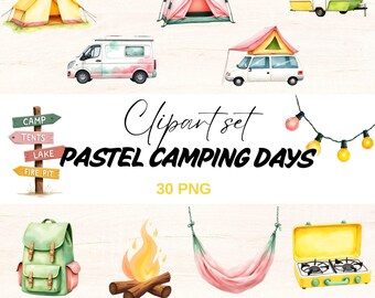 Pastel Camping Clipart Set, Camper Van Tent PNG, Camping Life, Colorful Camp (Digital Download)