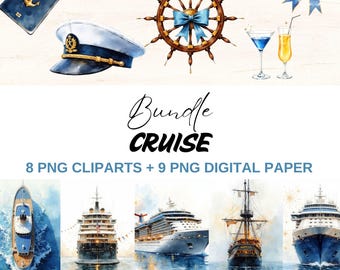 Clipart acquerello di crociera nautica e pacchetto di carta digitale (download digitale)