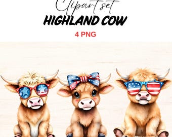Watercolor Patriotic Highland Cow Clipart Set (PNG, Digital Download)