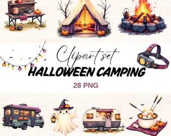 Halloween Camping Clipart, Spooky PNG, Fall Camp, Camper (Digital Download)