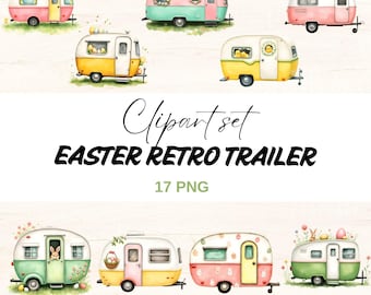 Easter Retro Trailer Clipart Set, Vintage Camper PNG, Pastel Caravan, Easter Camping (Digital Download)
