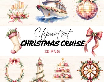 Christmas Cruise Clipart, Pink Christmas PNG, Ship Holiday, Ocean Vacation (Digital Download)