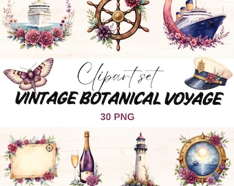 Vintage Botanical Voyage Clipart, Gothic Floral Cruise PNG, Cruise Ship Flowers (Digital Download)