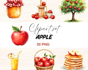 May include: Watercolor clipart set featuring apples and apple-related items. Includes a jar of jam, an apple press, an apple tree, a single apple, a glass of juice, a basket of apples, and pancakes with apple slices. The text "Clipart set APPLE 30 PNG" is also included.