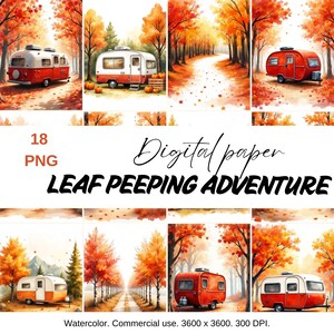 Könnte beinhalten: Ein digitales Papier-Set mit Aquarell-Illustrationen von roten und weißen Vintage-Wohnwagen in einer herbstlichen Waldlandschaft. Die Bilder zeigen Herbstlaub, Kürbisse und den Text "LEAF PEEPING ADVENTURE". Das Set enthält 18 PNG-Dateien, 3600 x 3600 Pixel bei 300 DPI.