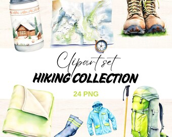 Watercolor Hiking Clipart Set: Outdoor Adventure Illustrations (PNG, Digital Download)