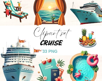 Aquarell Kreuzfahrt Clipart Set: Sommer Urlaub PNGs (Digitaler Download)