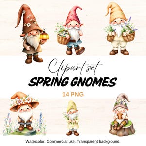 Spring Gnomes Clipart Set, Watercolor Gnomes PNG, Floral Gnome Clipart, Whimsical Forest Characters, Transparent Background