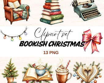 Set di clipart natalizie per amanti dei libri, decorazioni accoglienti per le feste (download digitale)