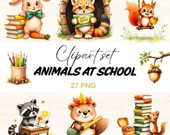 水彩画風の学校用動物クリップアートセット：教室の装飾 PNG（デジタルダウンロード、27ファイル、4096x4096ピクセル）