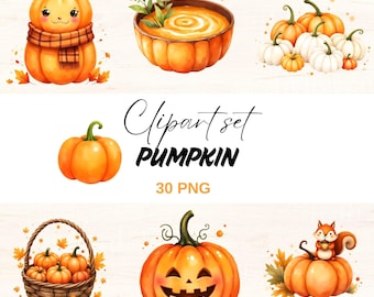Watercolor Pumpkin Clipart Set, Fall Harvest PNG (Digital Download)