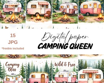 Camping Queen Digital Paper, Pink Campers (Digital Download)