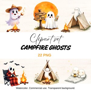 Puede incluir: Conjunto de imágenes prediseñadas de acuarela con fantasmas de dibujos animados acampando. La imagen incluye fantasmas alrededor de fogatas, cerca de una tienda de campaña y asando malvaviscos. El texto dice "Campfire Ghosts" y "22 PNG".